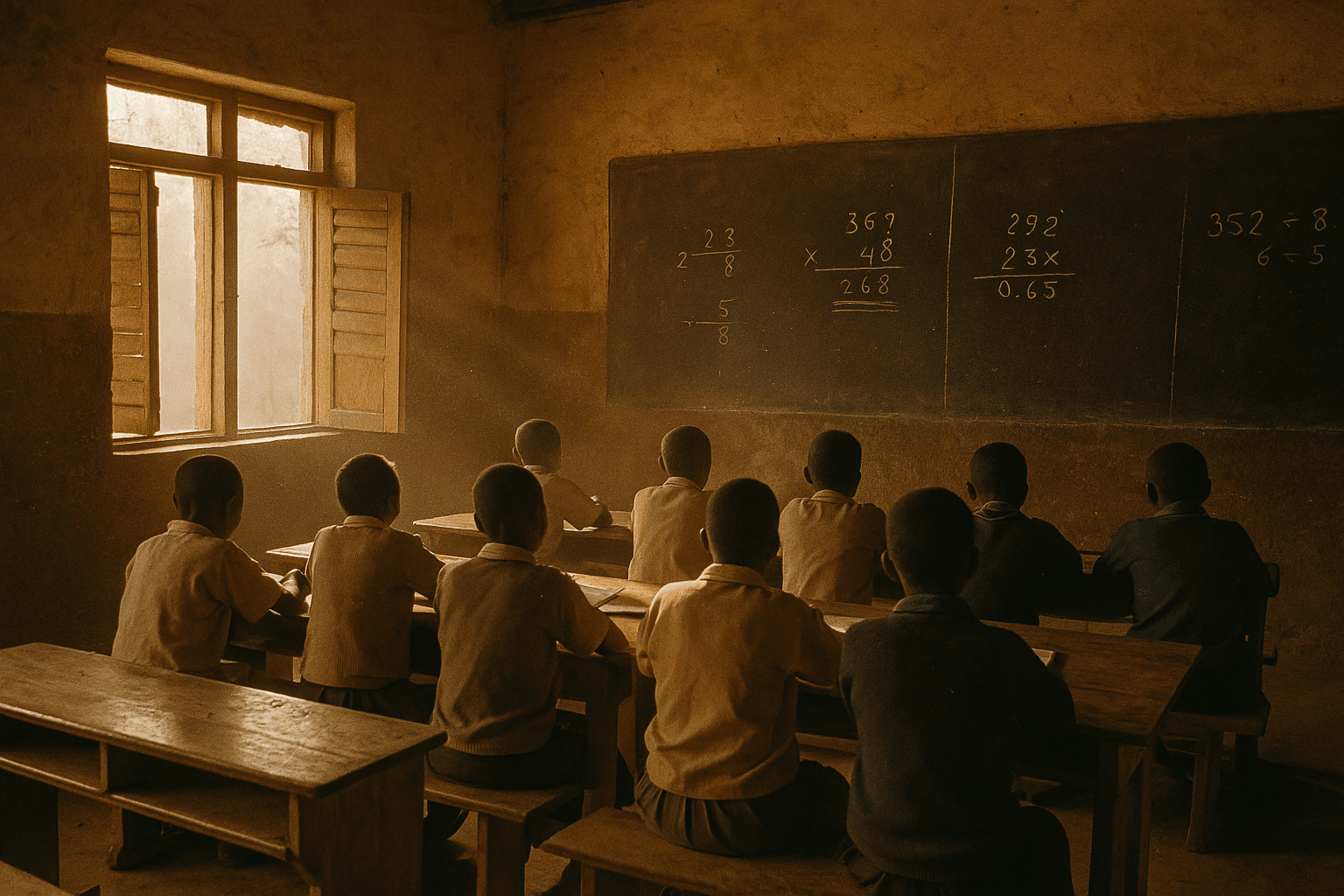 Rural classroom interior in warm late-afternoon light, rows of wooden desks and a chalkboard with mathematics