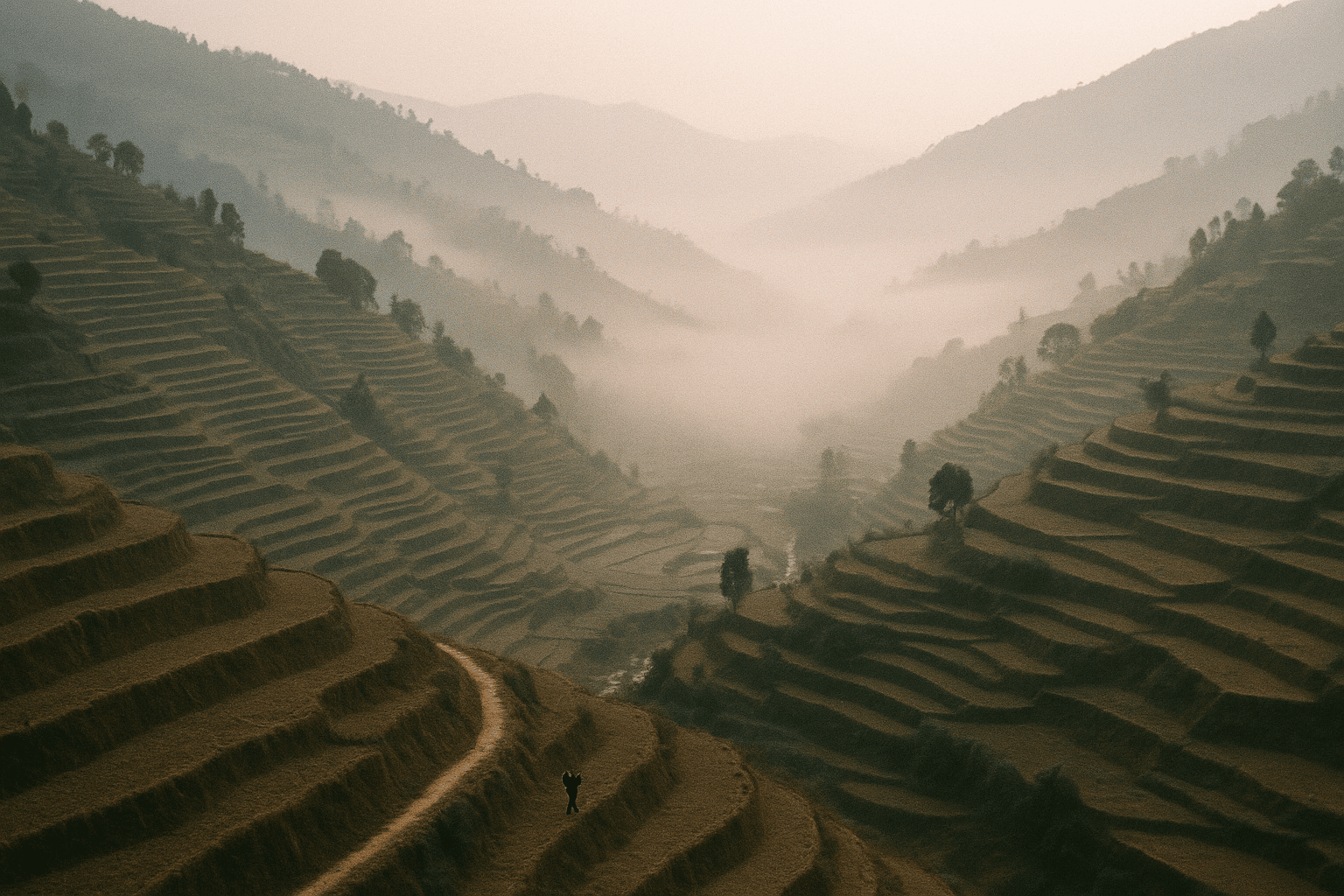 Aerial view of terraced highlands at dawn with mist in the valleys and a footpath winding between terraces