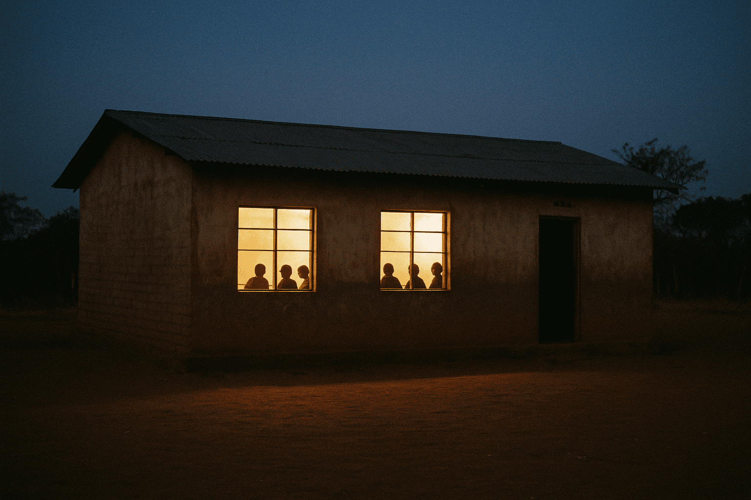 Small concrete school building at dusk with warm solar-powered light glowing from its windows under a deep blue sky