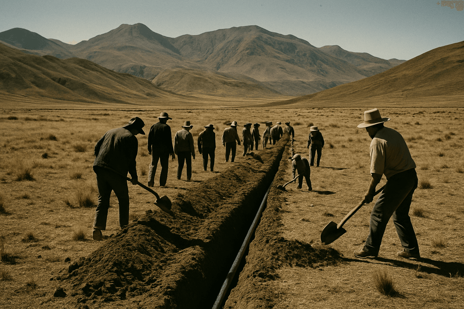 Wide shot of workers laying a water pipeline trench across dry high-plateau terrain with mountains behind