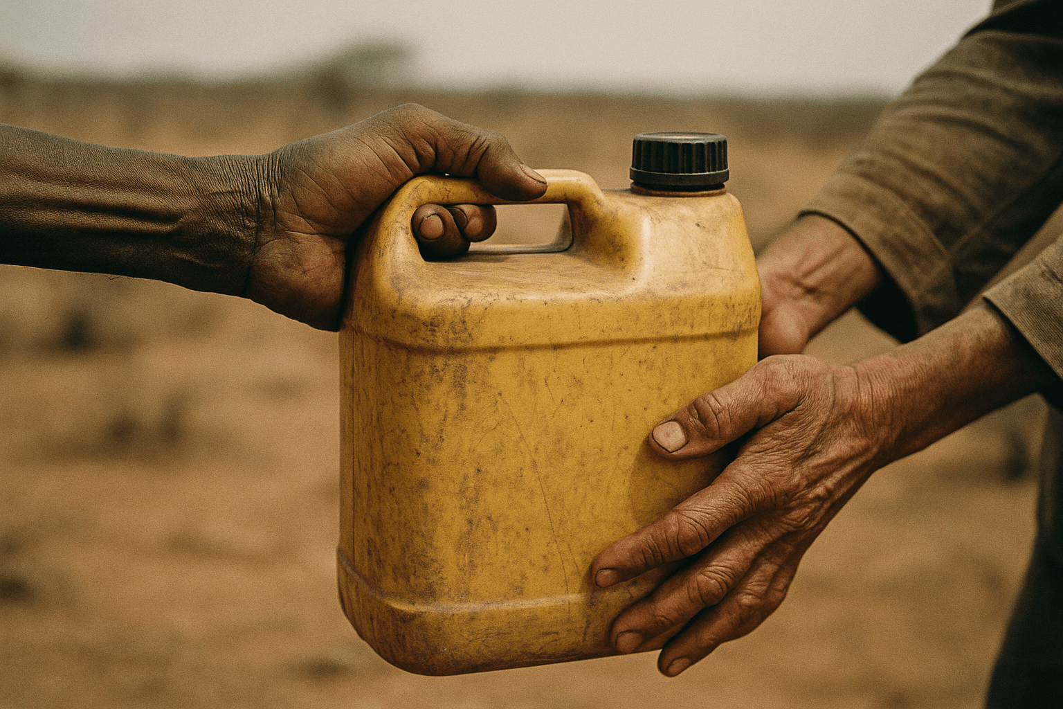 Weathered hands passing a yellow jerrycan of water between two people in a dry landscape