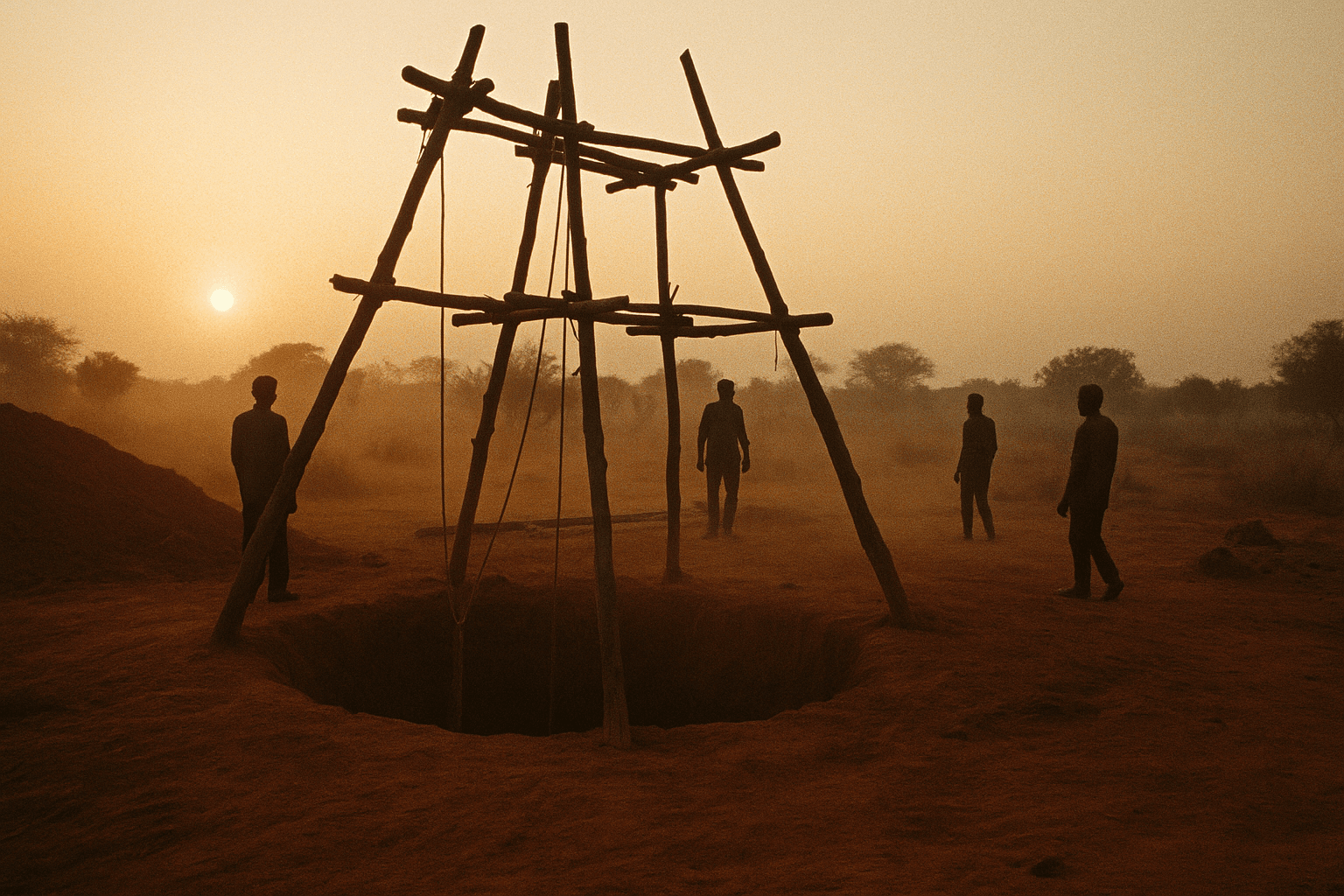 Wide shot of a hand-dug well construction site at dawn, workers silhouetted against low golden light on red earth
